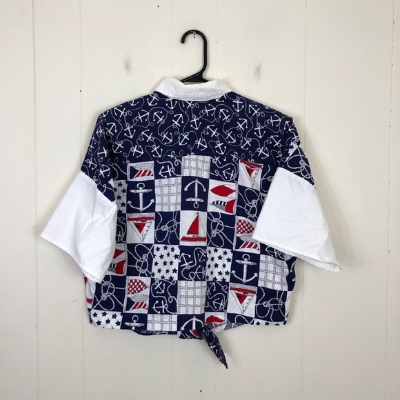 Vintage Nautical Print Button Down Crop Top Sz L - Picture 8 of 9